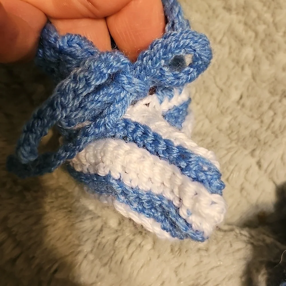 HANDMADE BABY JACKET HAT BOOTIES BLUE WHITE CROCHET 0-3 MONTHS GIFT